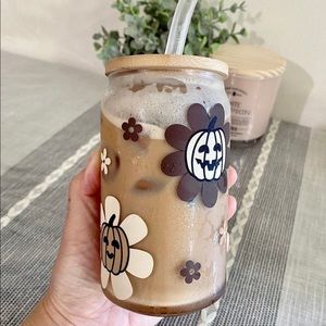 Daisy and Pumpkin Glass Cup